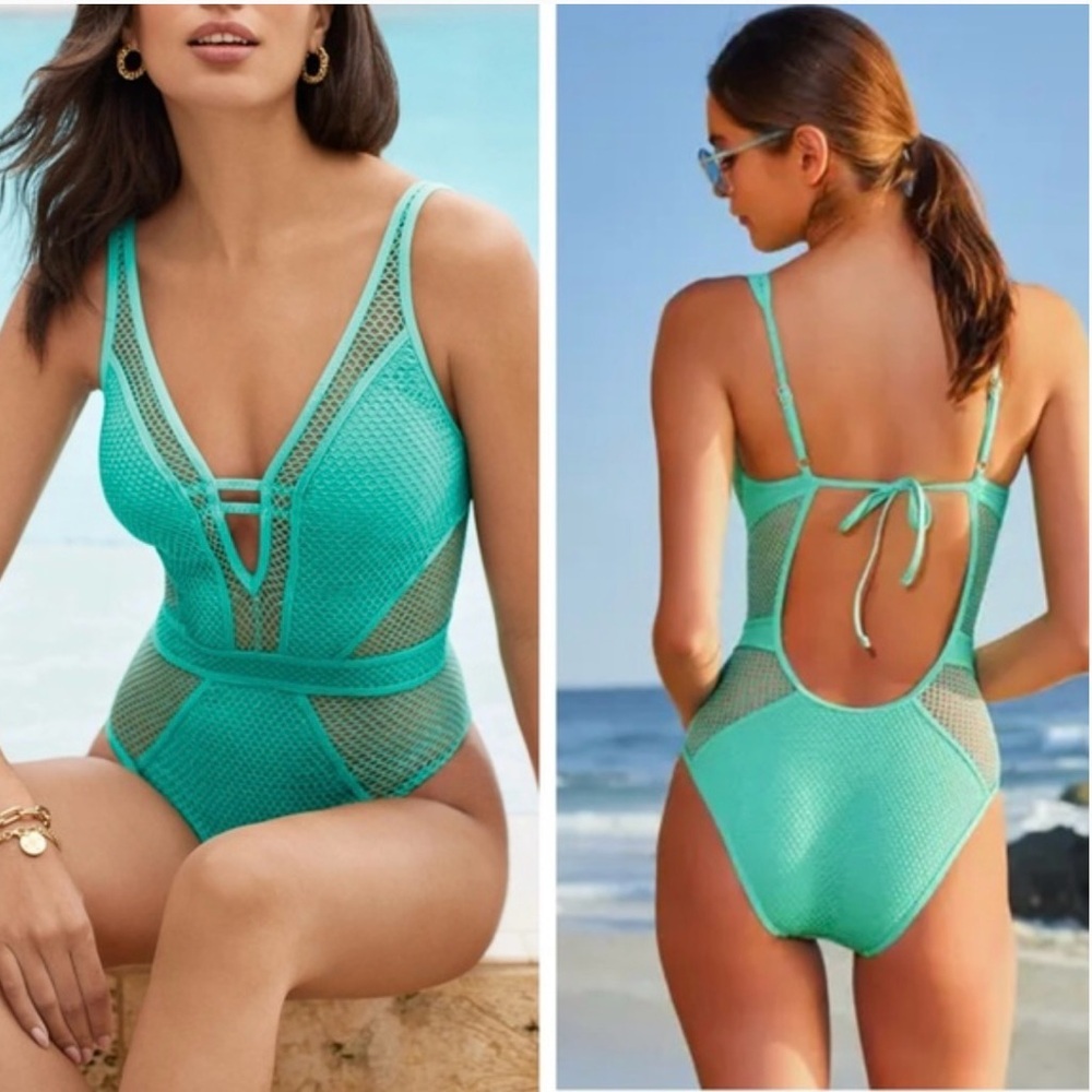 NWT Becca Network Metallic Mesh One Piece Swimsuit Bermuda Teal XS - Picture 4 of 15